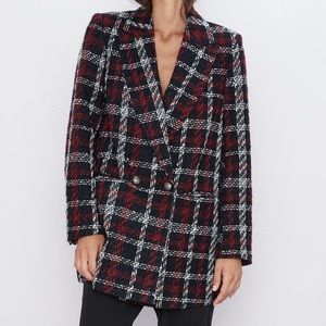Zara plaid double-breasted check tweed blazer
